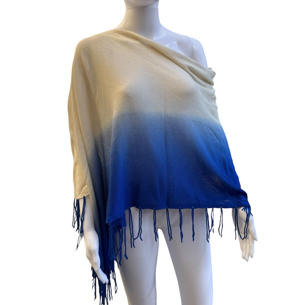 Claudia Nichole Blue Ombr Poncho/Scarf/Shawl With Fringe One Size Euc